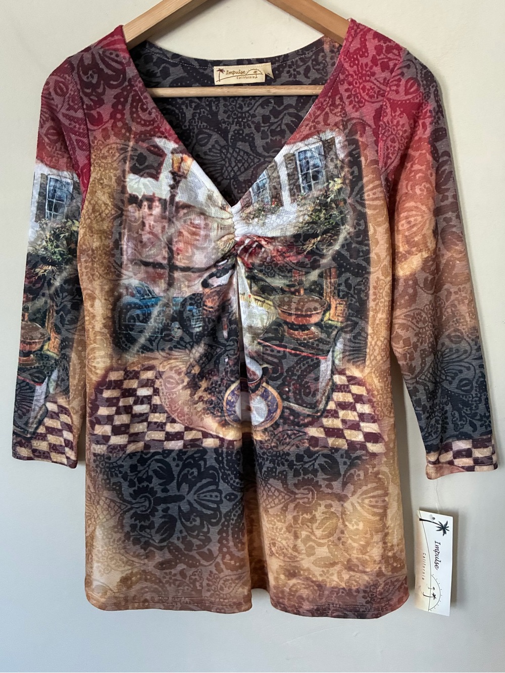 Impulse California Womens Y2K Grunge Cafe Paisley Babydoll 3/4 Sleeve Top NWT S